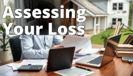 An image depicting a professional insurance adjuster reviewing documents at a desk