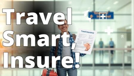 An image of a happy traveler standing at an airport with a suitcase in one hand and a travel insuran